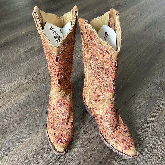 Corral Shoes - Corral - Vintage Western Boots - Tan/Red - 6 1/2M